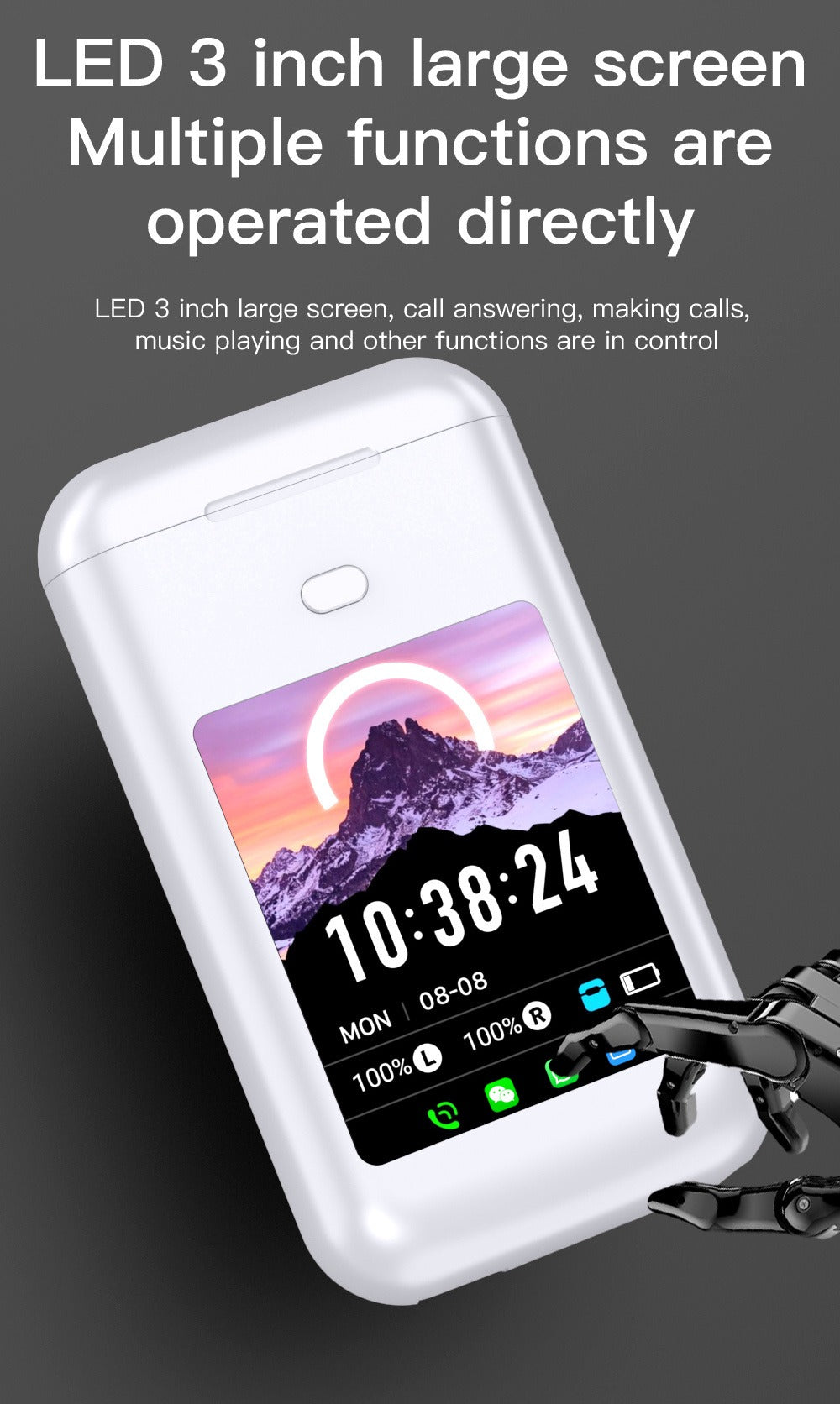 5000mAh Battery Wireless Earphones 3-in-1 HiFi Stereo LED Touch Screen Multiple EQ Modes Rechargeable Multimedia Earbuds for Travel Outdoor Work Black White