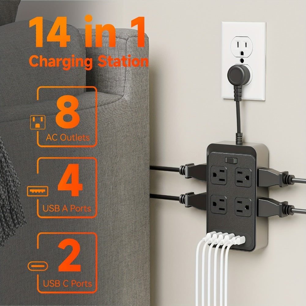 One-Touch Switch Desk Charging Station 14-in-1, 8 Widely Distributed AC Outlets & 6 USB Ports (4 USB-A + 2 USB-C), Surge Protection, Compact Portable Power Strip for Home Office Desktop – Safe & Organized