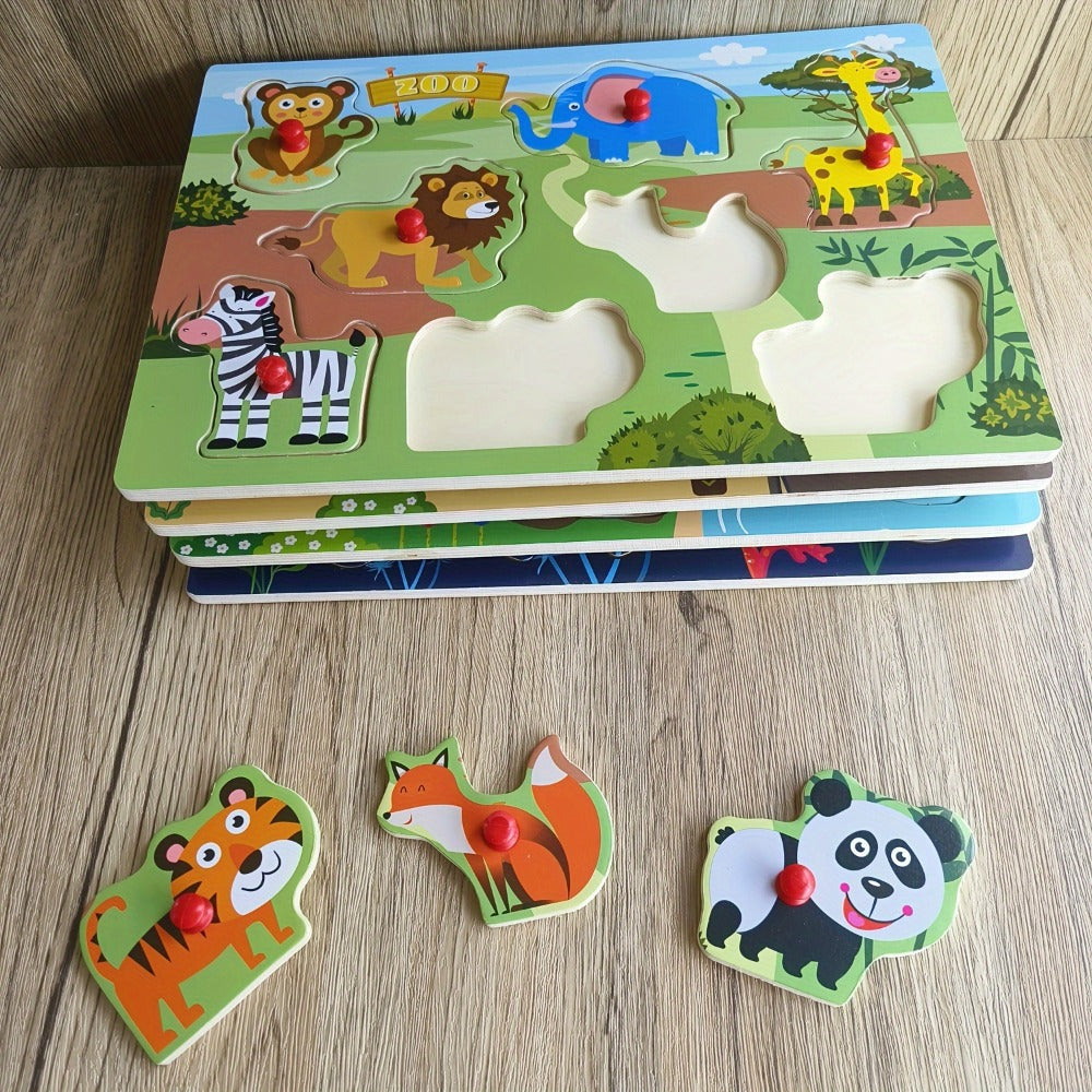 Wooden Peg Puzzles for Toddlers, Set of 4 Knob Puzzles in Farm, Zoo, Christmas & Halloween
