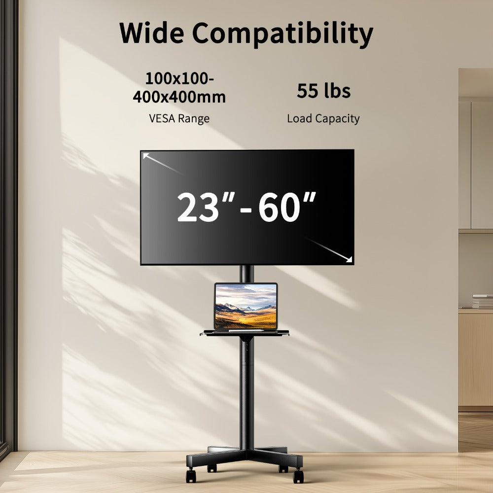 Rolling TV Cart Stand for 23-60 Inch TVs – Height Adjustable 12-24", Lockable Wheels, Media Shelf, Cable Management, 55 lbs Capacity, VESA 100-400mm, Home Office & Commercial Use, Black
