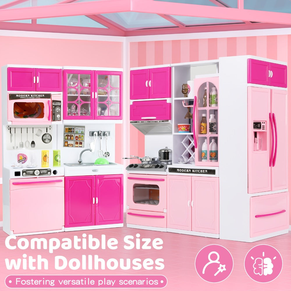 Pink Pretend Play Kitchen Set, 64-Piece Play House with Lights and Sounds
