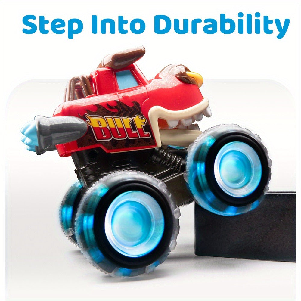 Monster Truck Toy 3-Pack with LED Lights, Press-and-Go Shark, Bull & Dinosaur