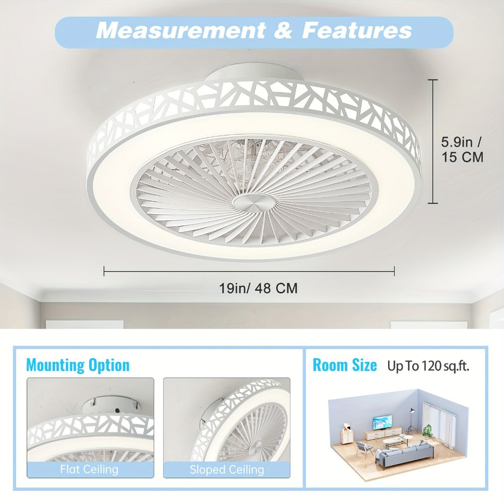 Flush Mount Ceiling Fan with Light and Remote 19 Inch | Low Profile LED Ceiling Fan 6 Wind Speeds Reversible Motor | Quiet Compact Fan for Bedroom Kids Room Living Room Low Ceiling | White Black