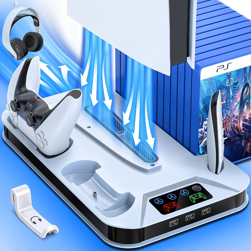 Auto Turbofan PS5 Cooling Stand with 3-Level Speed Control & Dual Controller Charger for PS5 / PS5 Slim / PS5 Pro – Charging Station for All PlayStation 5 Console Editions, Great Christmas Gift