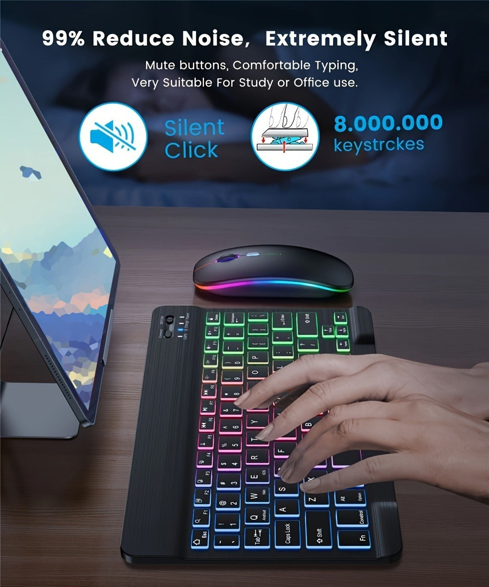 Wireless Keyboard and Mouse Combo Ultra-Thin Backlit Rechargeable Type-C Silent Keys Optical Mouse Portable for PC Laptop Tablet iPad QWERTY Layout Breathing Light Effect