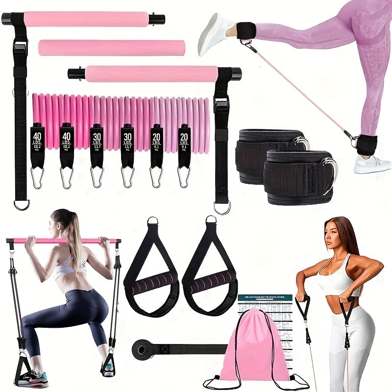 Pilates Bar Kit 14pcs with Resistance Bands & Tension Belt – Multifunctional Fitness Pedal Puller Stick for Home Yoga Stretch Training, Full Body Workout Equipment for Women Men