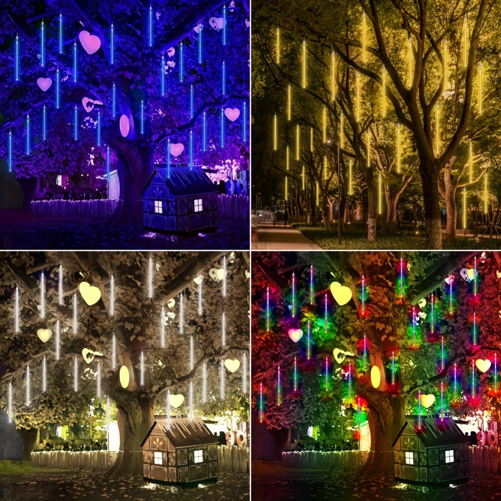 Solar Meteor Shower String Lights 192 LED Flower Theme - Outdoor Hanging Tree Lights Touch Control Warm Multi Color Blue for Garden Courtyard Christmas Halloween 4th of July Wedding Decoration