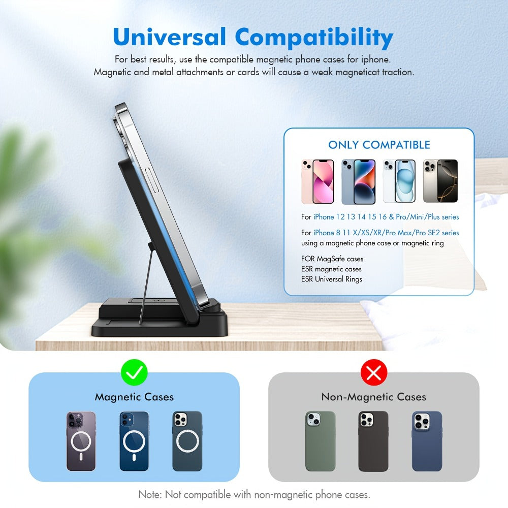 Vertical Horizontal Wireless Charging Station 3-in-1 Foldable 15W LED Indicator – Fast Charger for iPhone 17/16/15/14/13/12, Apple Watch Ultra 2/Series 10/9/8/7 & AirPods Pro 4/3/2 | Portrait Landscape Stand | Black & White