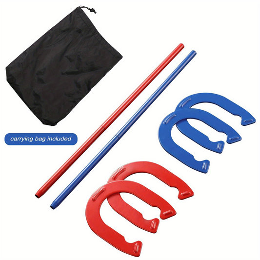 Horseshoes Game Set with Forged Steel Shoes and 2 Stakes, Red & Blue