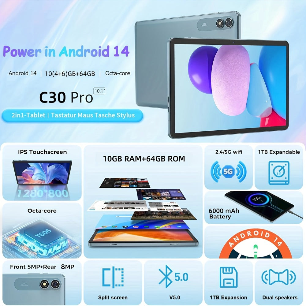 Android 14 Tablet with Keyboard and Stylus – 10 Inch Octa-Core, 10GB RAM, 64GB ROM, 1TB Expandable Storage, 5G Dual-Band WiFi, 5MP+8MP Camera, Complete Bundle with Case, Perfect Gift for Work & School