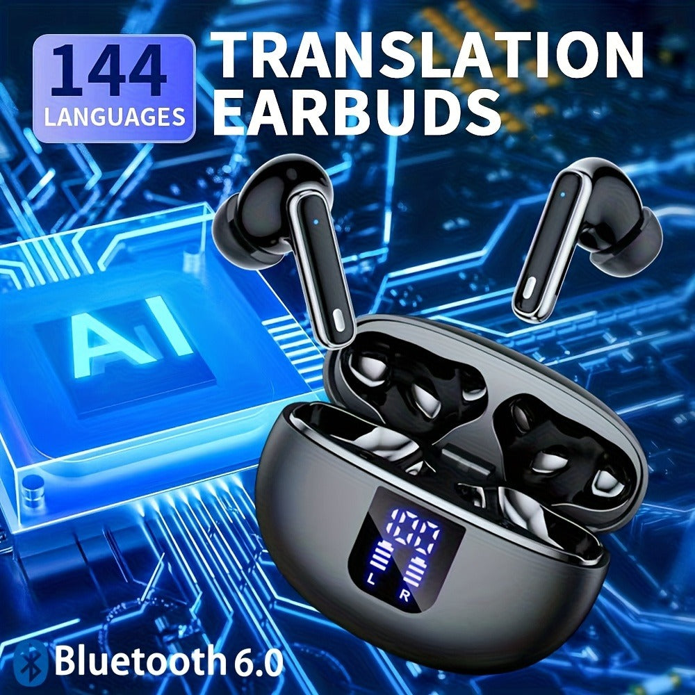 6-Mic AI Translation Earphones 3-in-1 Smart Noise Cancelling, Translate 144 Languages HiFi Sound Long Battery Life, Universal Smartphone Wireless Earbuds for Business Travel Meetings International Use