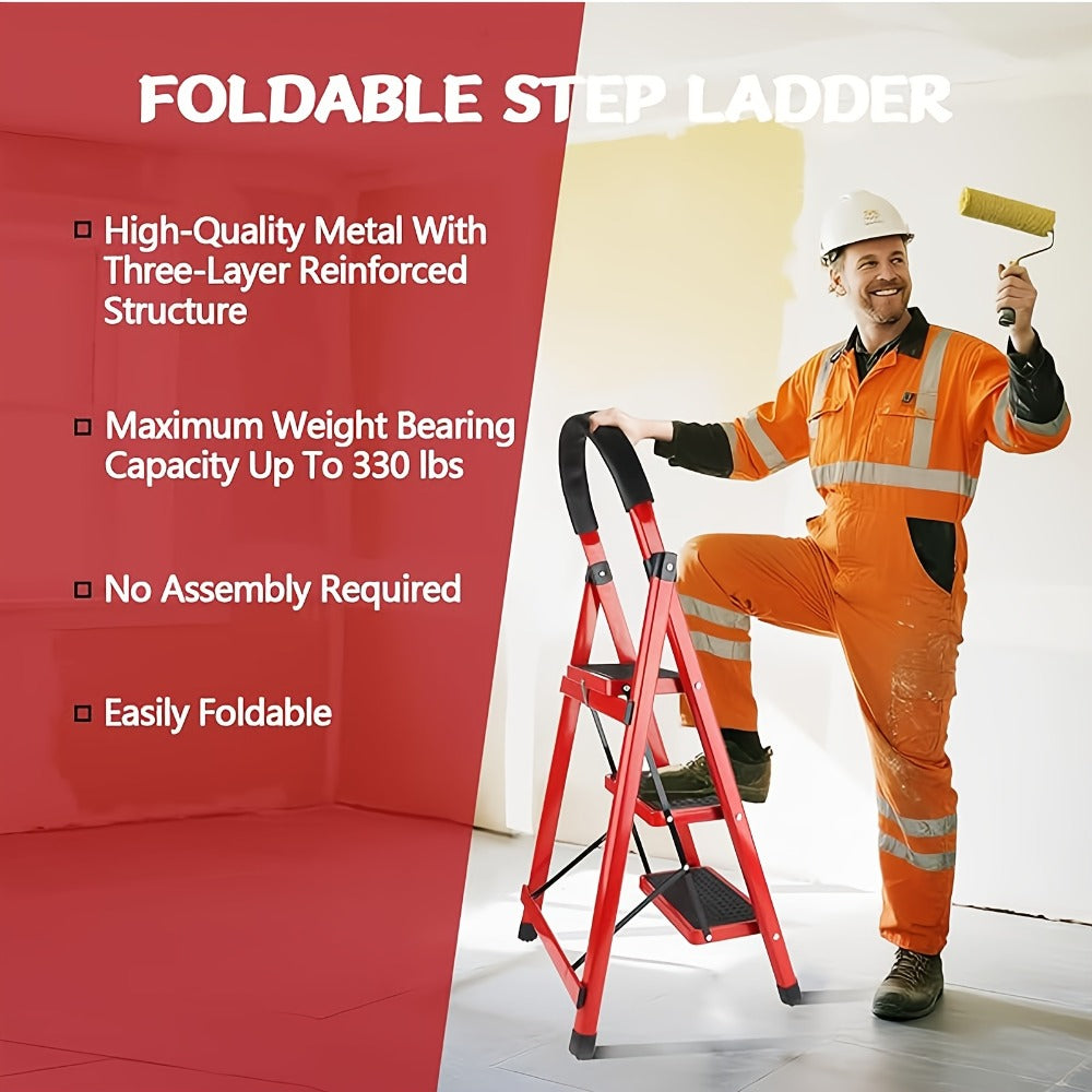 Folding Step Ladder with Anti-Slip Pedals & Handrail – 2/3/4/5 Step Stool for Adults, Sturdy Steel, Lightweight Portable, Non-Slip Feet, Rust-Resistant, Foldable for Home Kitchen Office Bedroom Use