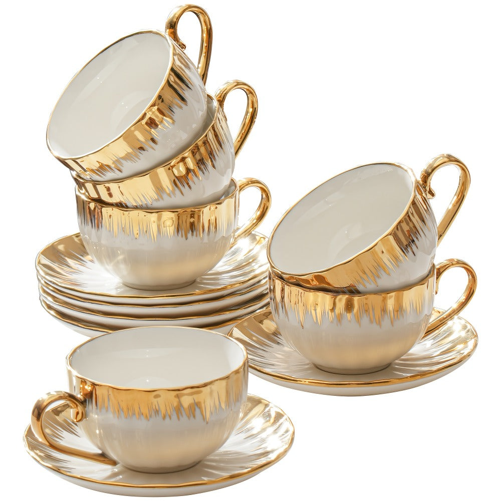 European Ceramic Coffee Cup and Saucer Set of 6 – Light Luxury 8.45oz Porcelain Tea Cups with Plates | Elegant Floral Dinnerware for Wedding Mother's Day Holiday Gift