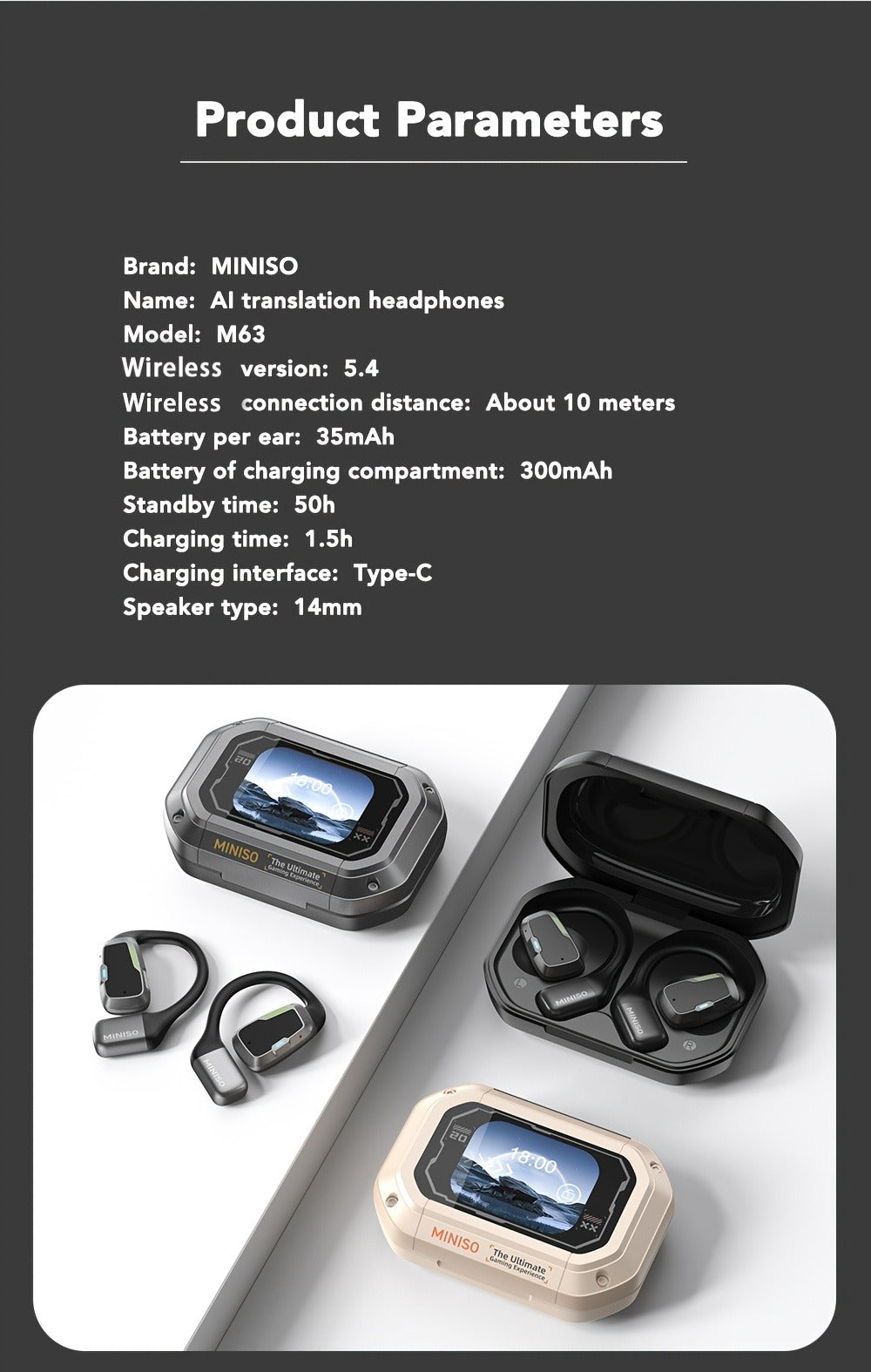 AI Translation Wireless Earbuds Real-Time 135 Languages Open-Ear Design Full-Color Touch Screen Gaming Headset Bluetooth for Travel Business Study iOS Android