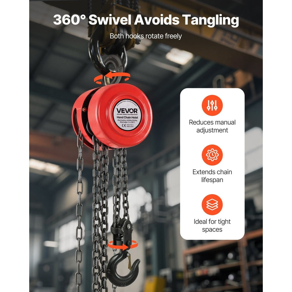 Hand Chain Hoist 2200 lb / 4400 lb Manual Chain Block with G70 Chain – 8 ft / 10 ft / 20 ft Lift Height, 360° Rotating Hooks, Security Brake, for Garage, Construction & Warehouse Lifting