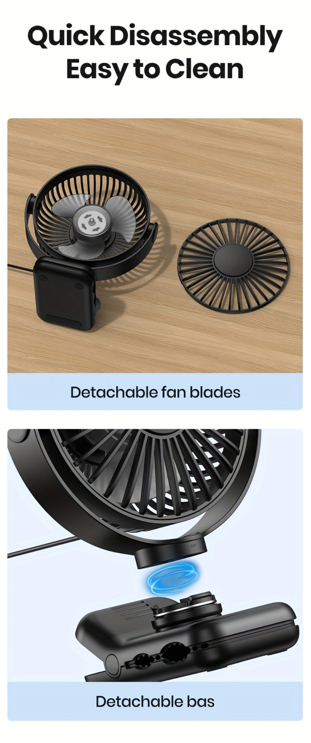 Clip on Fan USB Desk Fan, Brushless Motor Whisper Quiet Portable Mini Fan with Strong Clamp, USB Powered Personal Cooling Fan for Office Bedroom Dorm Stroller, 360° Adjustable, Black Pink