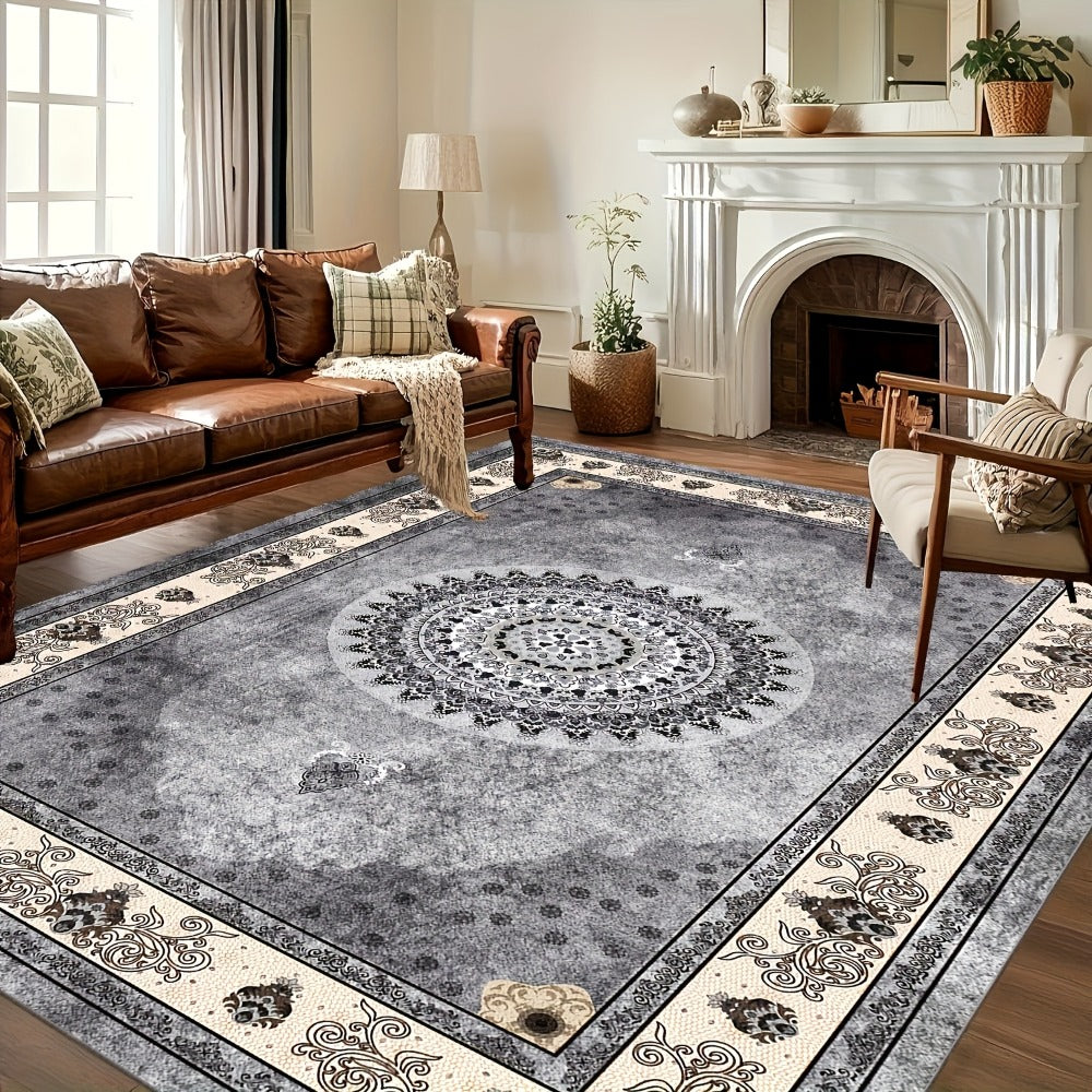 Bohemian Persian Velvet Area Rug Non-Slip Machine Washable – Vintage Floral Paisley Pattern 1000g/m² 100% Polyester Carpet for Living Room & Bedroom – 6 Sizes, High-Traffic Durable