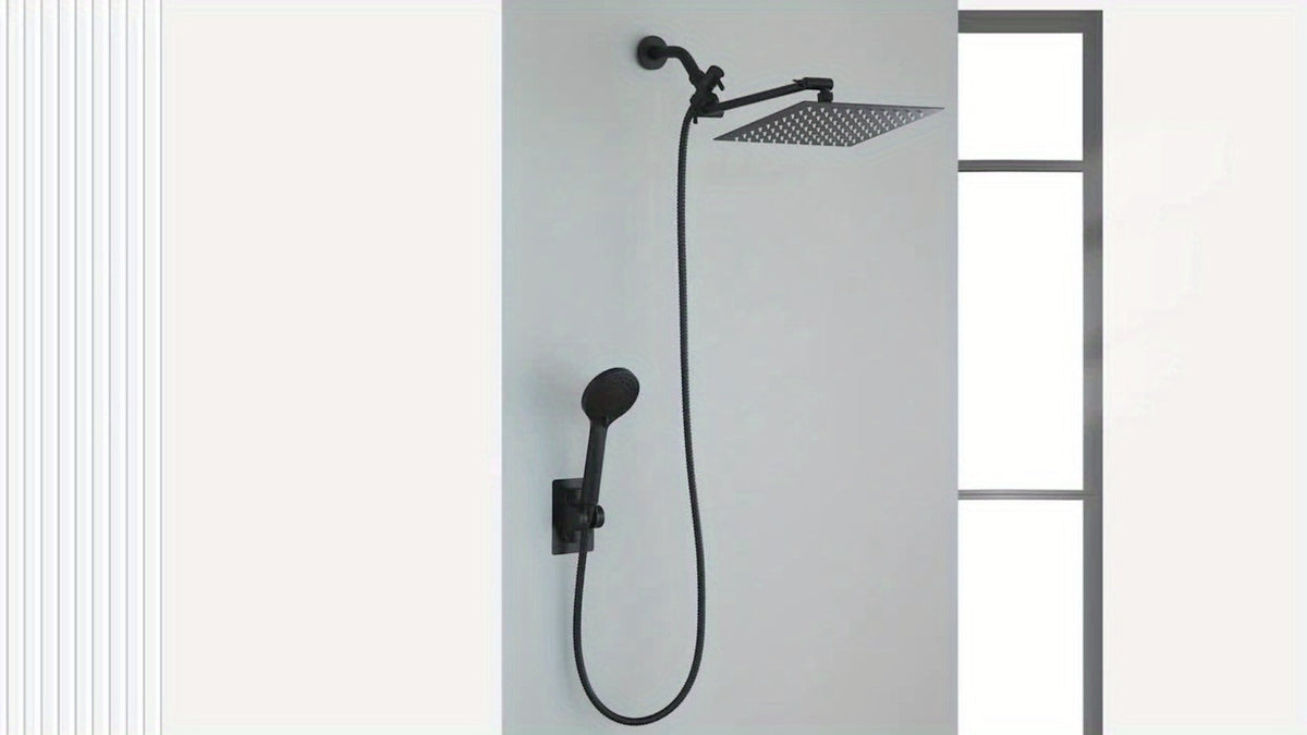 Rainfall Handheld Shower Combo 9-Setting – High Pressure 11" Extension Arm Leak-Proof Wall Mount 8 10 12 Inch Chrome Black