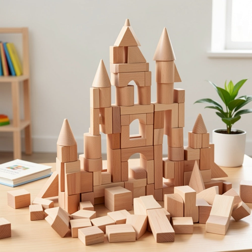 100-Piece Unpainted Beech Wood Building Blocks for Stacking and Sorting