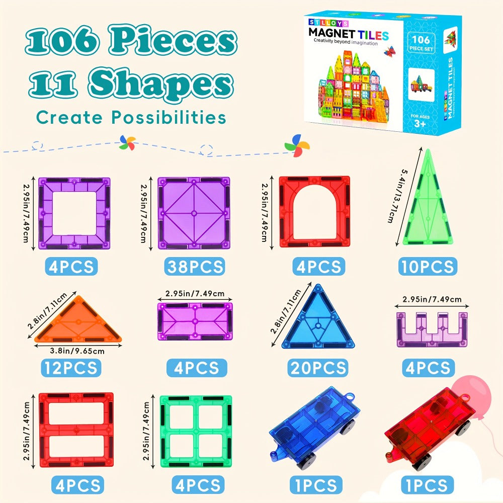 Clear Magnetic Tiles Building Set for Kids, 3D Magnet Blocks in 80, 106, 136 or 205 Pieces, Ages 3+