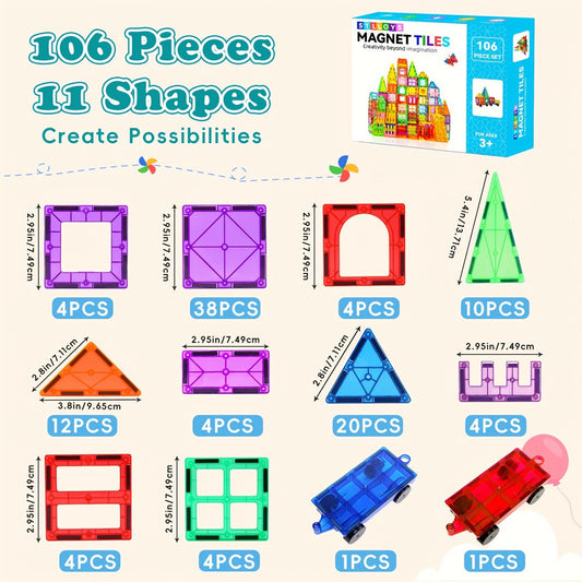 Clear Magnetic Tiles Building Set for Kids, 3D Magnet Blocks in 80, 106, 136 or 205 Pieces, Ages 3+