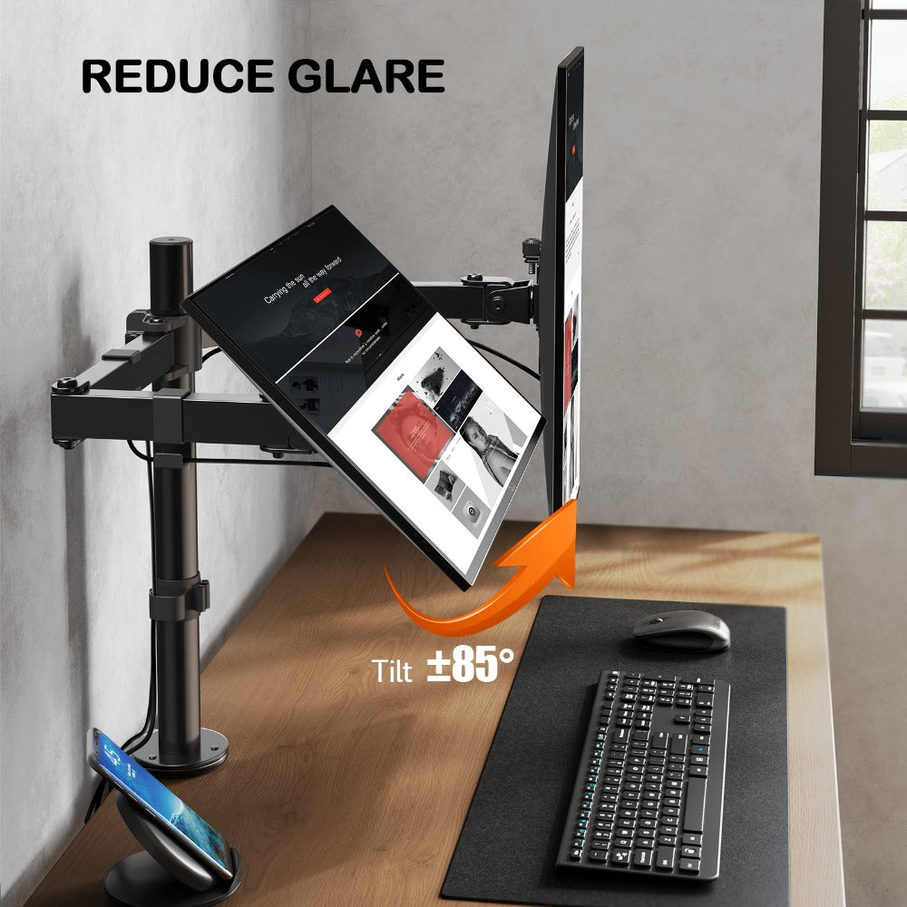 Adjustable Dual Monitor Arm for 13-32 Inch Screens, VESA 75x75/100x100mm, 45° Tilt 90° Swivel 360° Rotation, 17.6 lbs per Arm, C-Clamp & Grommet Mount, Cable Management, Space-Saving Home Office Desk Stand