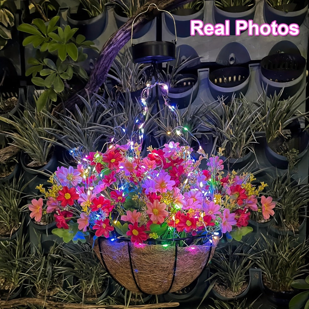 Solar Hanging Flower Basket with RGB String Lights – 10 Inch Artificial Flowers, Dusk-to-Dawn Auto On, Waterproof Outdoor Decor for Patio, Garden, Balcony & Front Porch | Pink Purple Orange