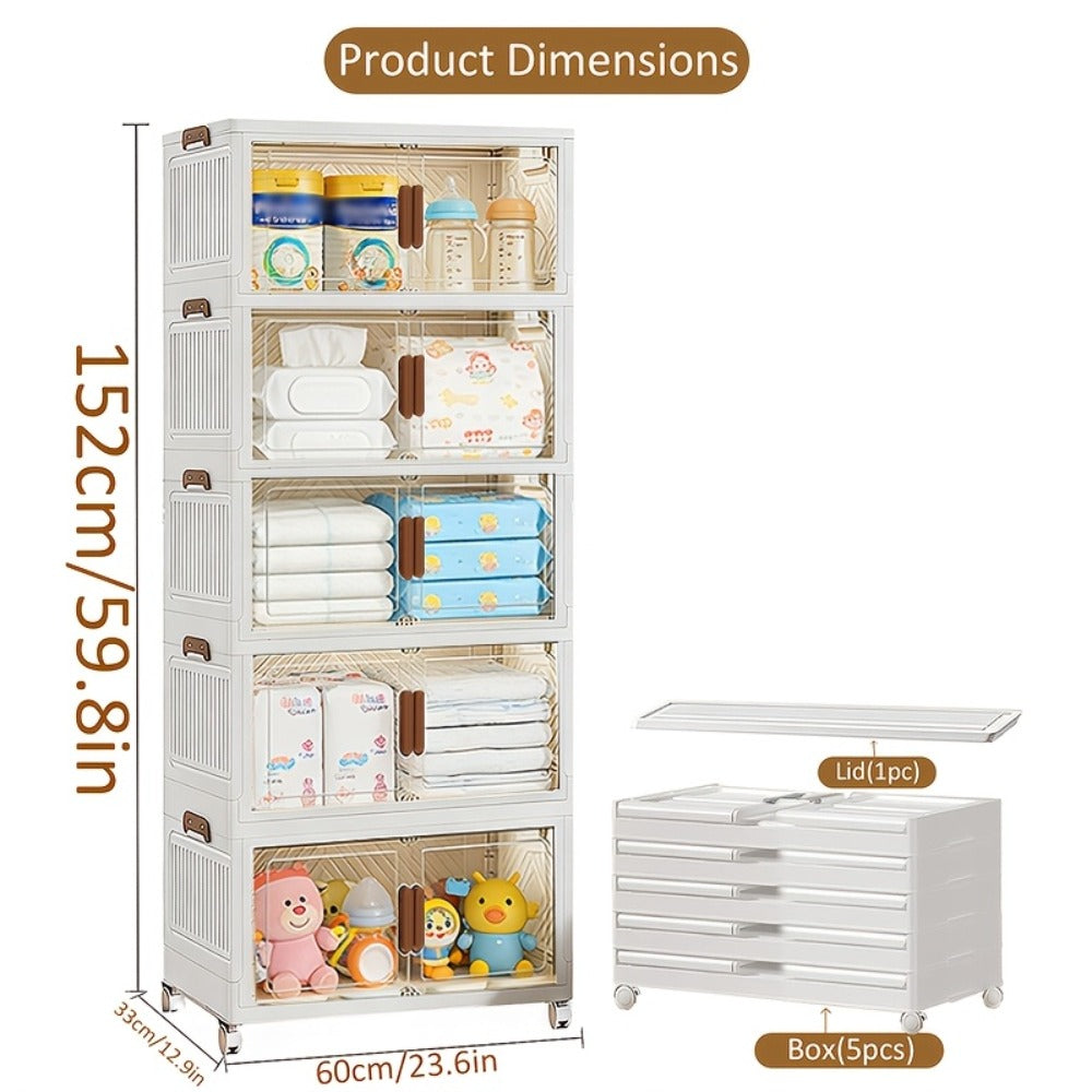 Stackable Foldable Storage Cabinet with Door – PP Plastic 1/2/3/4/5 Layer Organizer Box with Wheels & Cover | Dual-Access Home Storage for Clothes, Books, Snacks & Kitchen Supplies | Office & Garage