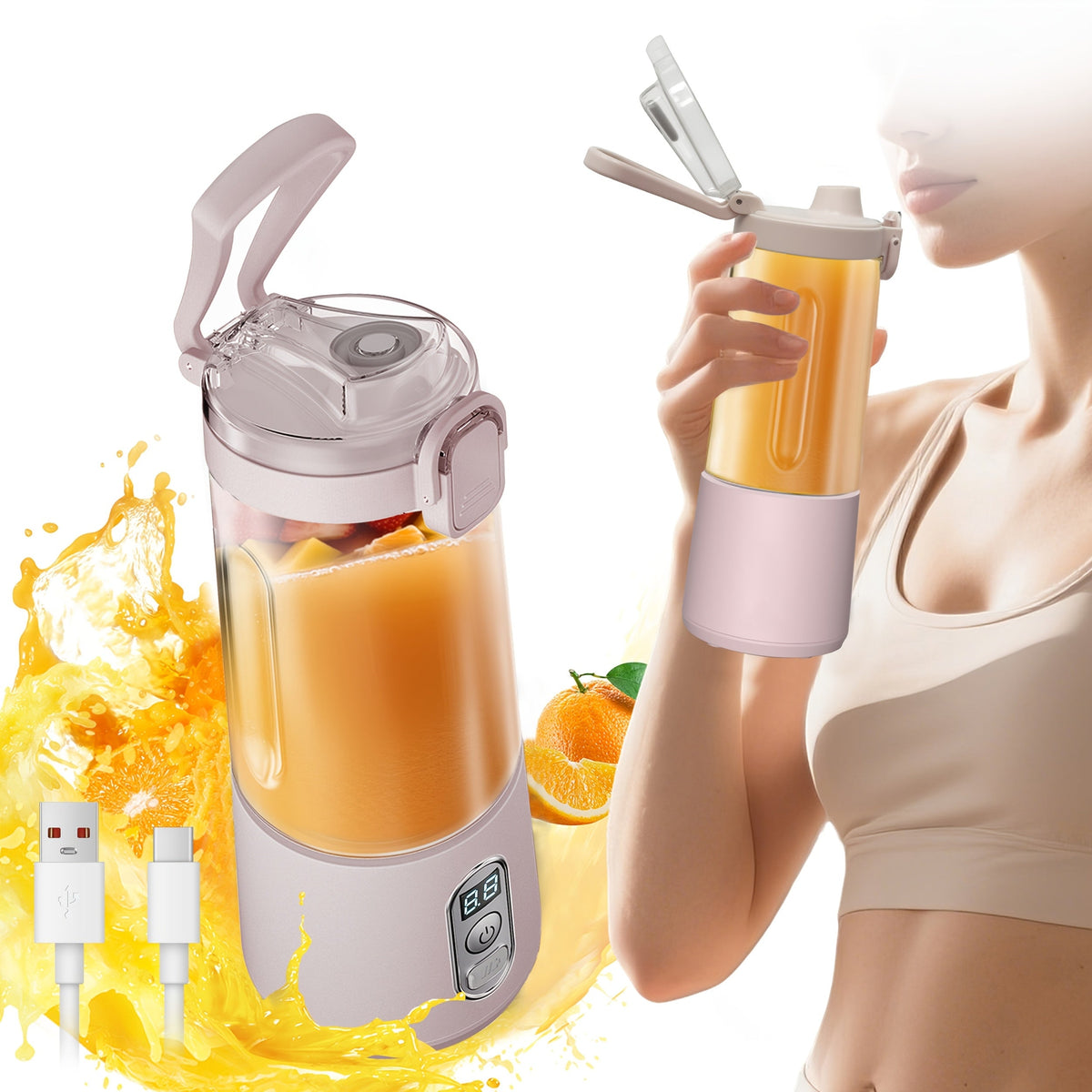Portable Smoothie Blender USB-C Fast Charge 6-Blade Stainless Steel – Digital Timer Battery Display High-Speed Ice Crush No-Spill Lid | Protein Shake Gym Travel Blender in Black Pink White