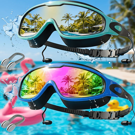 Swimming Goggles with Wide-View Mirrored Anti-Fog Lenses and Phone Pouch Options