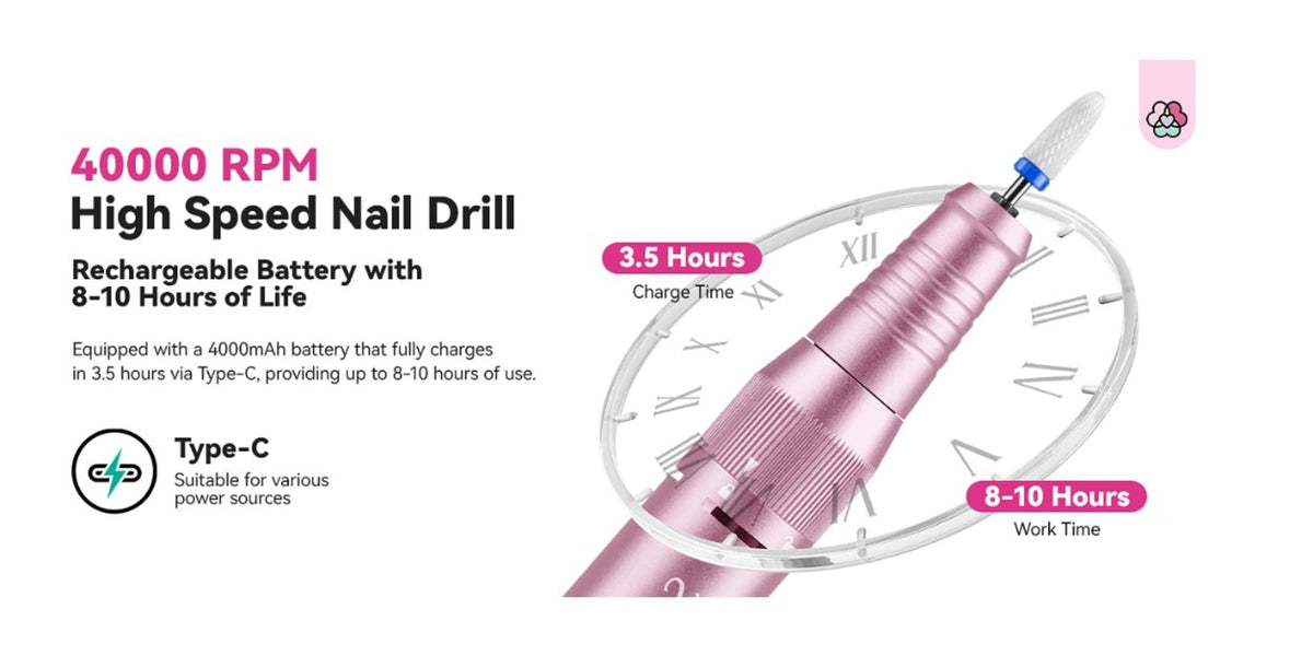 Electric Nail Drill 40000 RPM Rechargeable Professional Nail Drill Machine 4000mAh Battery LCD Display Ceramic Bits Sanding Bands for Acrylic Gel Nails Salon Home Use