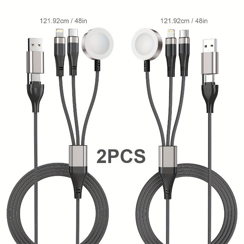 Multi Charging Cable 3-in-2 Fast Charging Set of 2, Compatible with Apple Watch Ultra Series 10 9 8 7 6 SE iPhone 16 15 14 13 12 Samsung Galaxy, USB-C & USB-A, 2FT + 4FT Portable Cord Combo