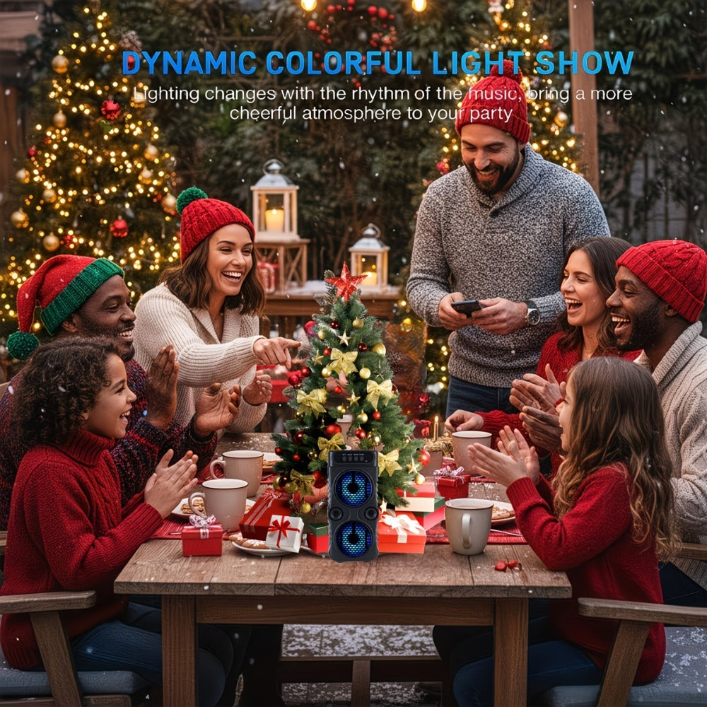 Dual Subwoofer Heavy Bass Portable Wireless Speaker with Colorful Lighting – FM Radio, MP3 Player, Supports Bluetooth, TWS, USB, AUX, TF Card & Microphone Input, Perfect for Home Parties & Holiday Gatherings