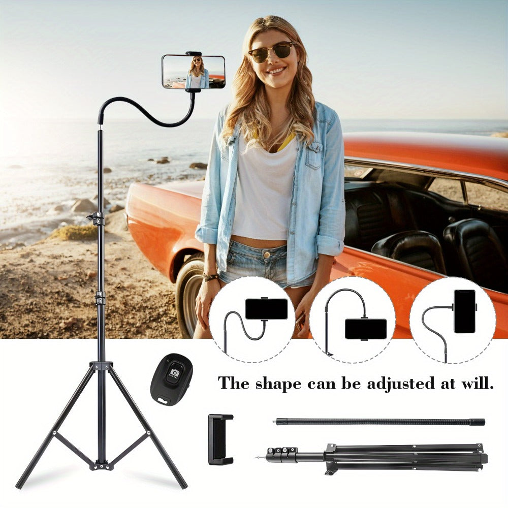 Gooseneck Phone Tripod Stand 63 Inch Flexible with Secure Phone Holder & Retractable Aluminum Base – Portable Adjustable Height for iPhone Android Vlogging Live Streaming Cooking Fitness Video Recording