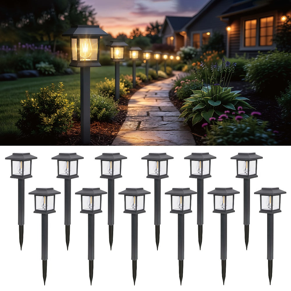 Solar Pathway Lights Outdoor Edison Style LED – Up to 12 Hours Auto On/Off IP44 Waterproof | Warm White Solar Garden Lights for Yard, Driveway & Walkway | Black & Brown Upgraded Stake Lights