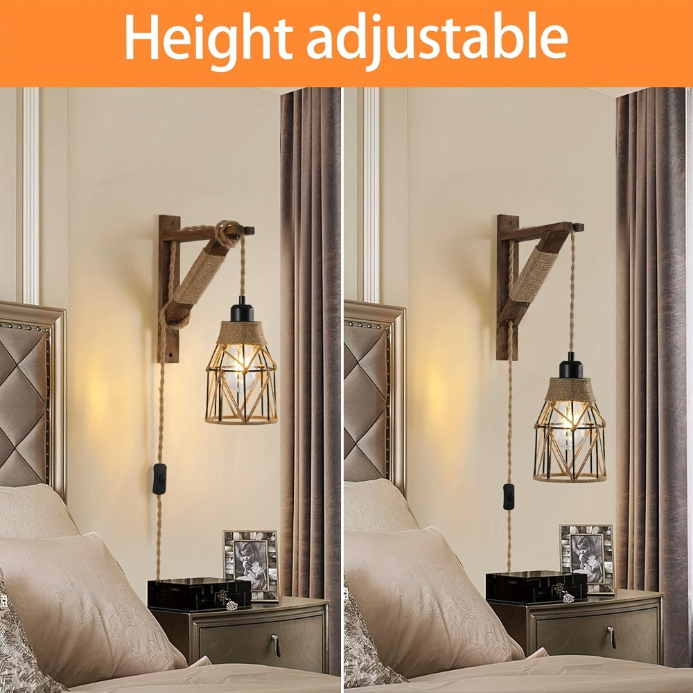 Plug In Wall Sconces Set of 2 or 1 – Rustic Farmhouse Wall Lamp with Metal Cage & Wooden Bracket, Plug-Into-Outlet Hanging Light for Bedroom, Living Room & Headboard