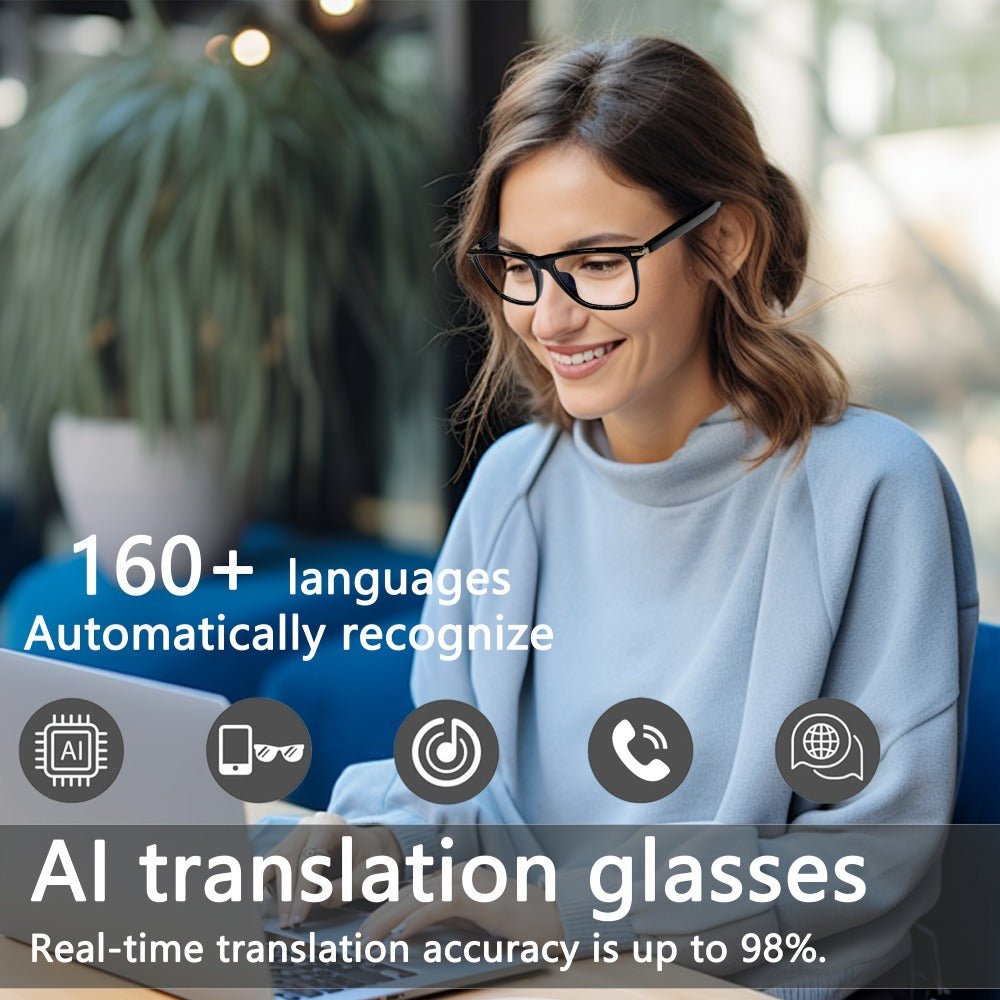 AI Smart Glasses with Real-Time Translation for 160+ Languages, ChatGPT Voice Assistant, HD Calls & Hi-Fi Music – Open-Ear Audio Glasses for Men & Women