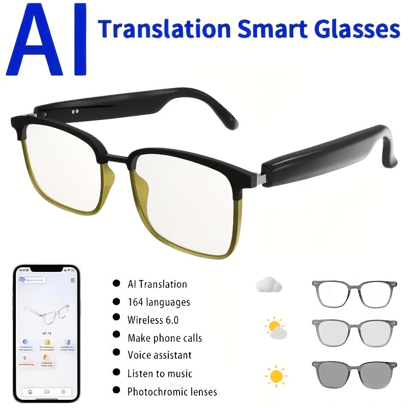 Translation Smart Glasses with 160-Language Real-Time Translation, Hi-Fi Music & HD Voice Calls – Photochromic, Metal Frame & Double-Sided Options, Built-in Mic & Speaker, Unisex