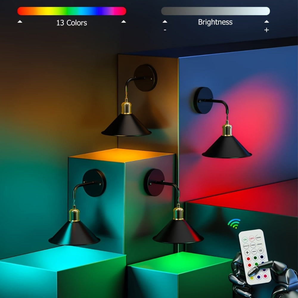 Battery Operated Wall Sconce Set of 2 – RGB Wireless Wall Light, Dimmable with Remote Control, 13 Scene Modes, Timer & Memory Function, No Wiring for Bedroom Living Room Hallway (Black / White)
