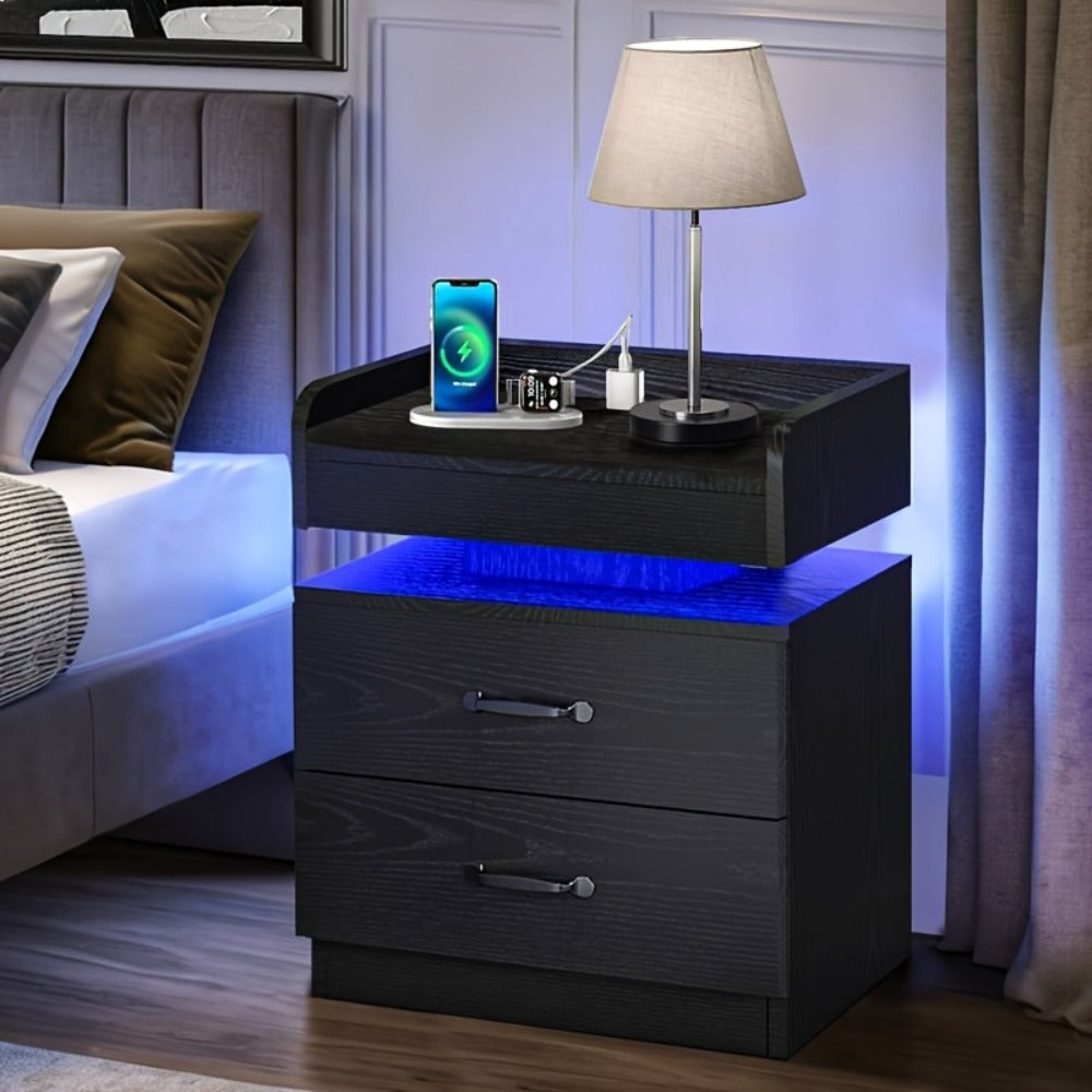 Wooden Nightstand with LED Ambient Light & Charging Station – Fabric Drawer, Blue Glow, Modern Bedside Table for Bedroom Living Room End Table, Black or White (Single or 2-Pack)