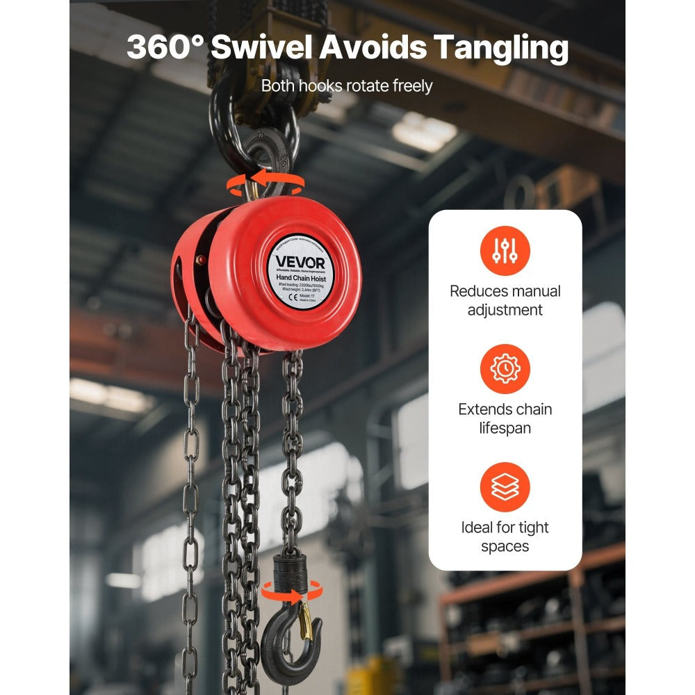 Hand Chain Hoist 2200 lb / 4400 lb Manual Chain Block with G70 Chain – 8 ft / 10 ft / 20 ft Lift Height, 360° Rotating Hooks, Security Brake, for Garage, Construction & Warehouse Lifting