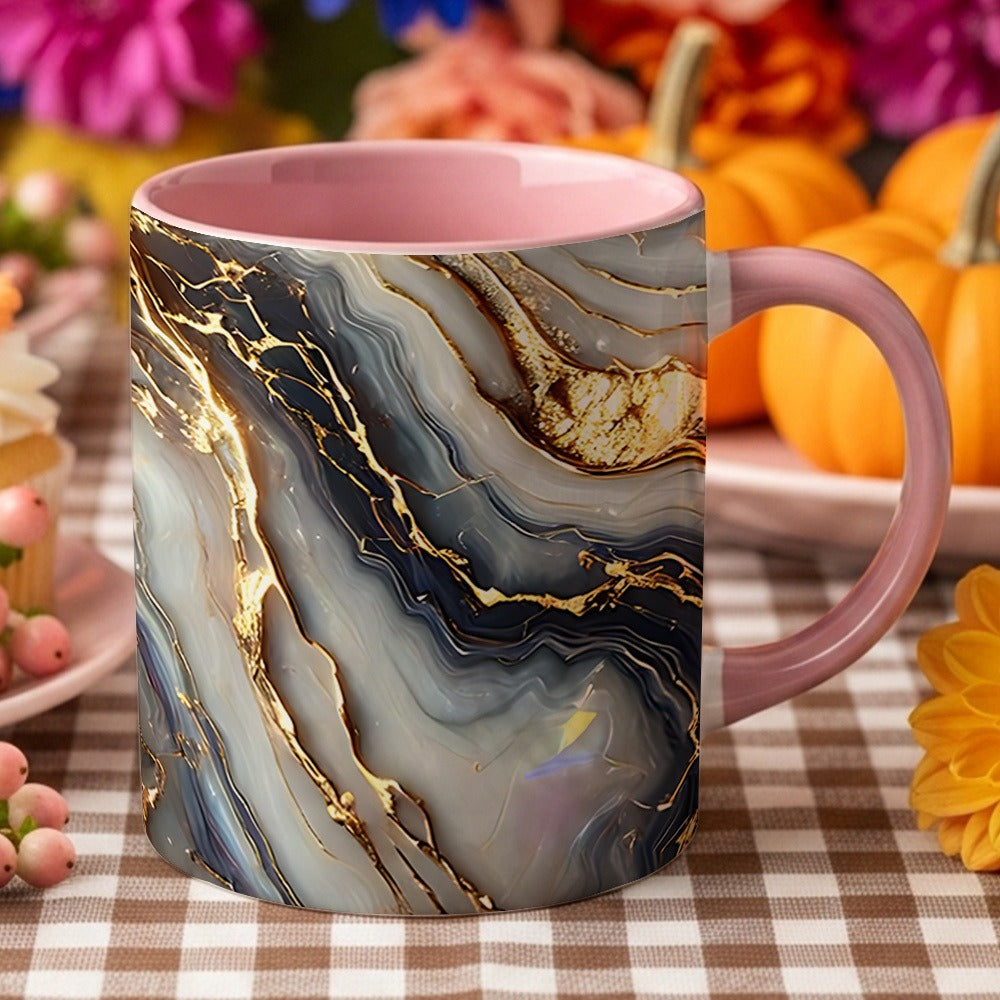 Agate Golden Vein Coffee Mug 11 Oz – Luxury Marble Pattern Ceramic Cup for Home & Office – Elegant Gift for Birthday, Mother's Day & Christmas – Black, White & Pink
