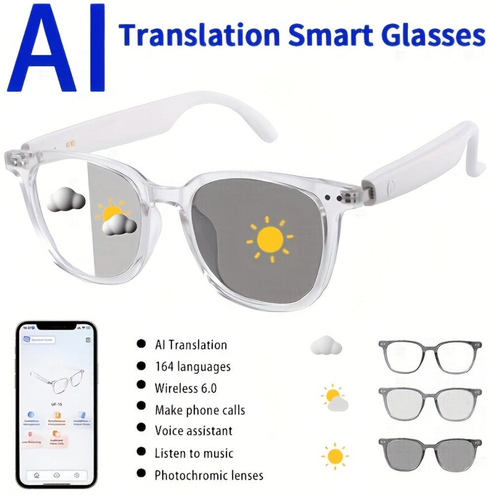 Translation Smart Glasses with 160-Language Real-Time Translation, Hi-Fi Music & HD Voice Calls – Photochromic, Metal Frame & Double-Sided Options, Built-in Mic & Speaker, Unisex