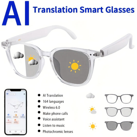 Translation Smart Glasses with 160-Language Real-Time Translation, Hi-Fi Music & HD Voice Calls – Photochromic, Metal Frame & Double-Sided Options, Built-in Mic & Speaker, Unisex