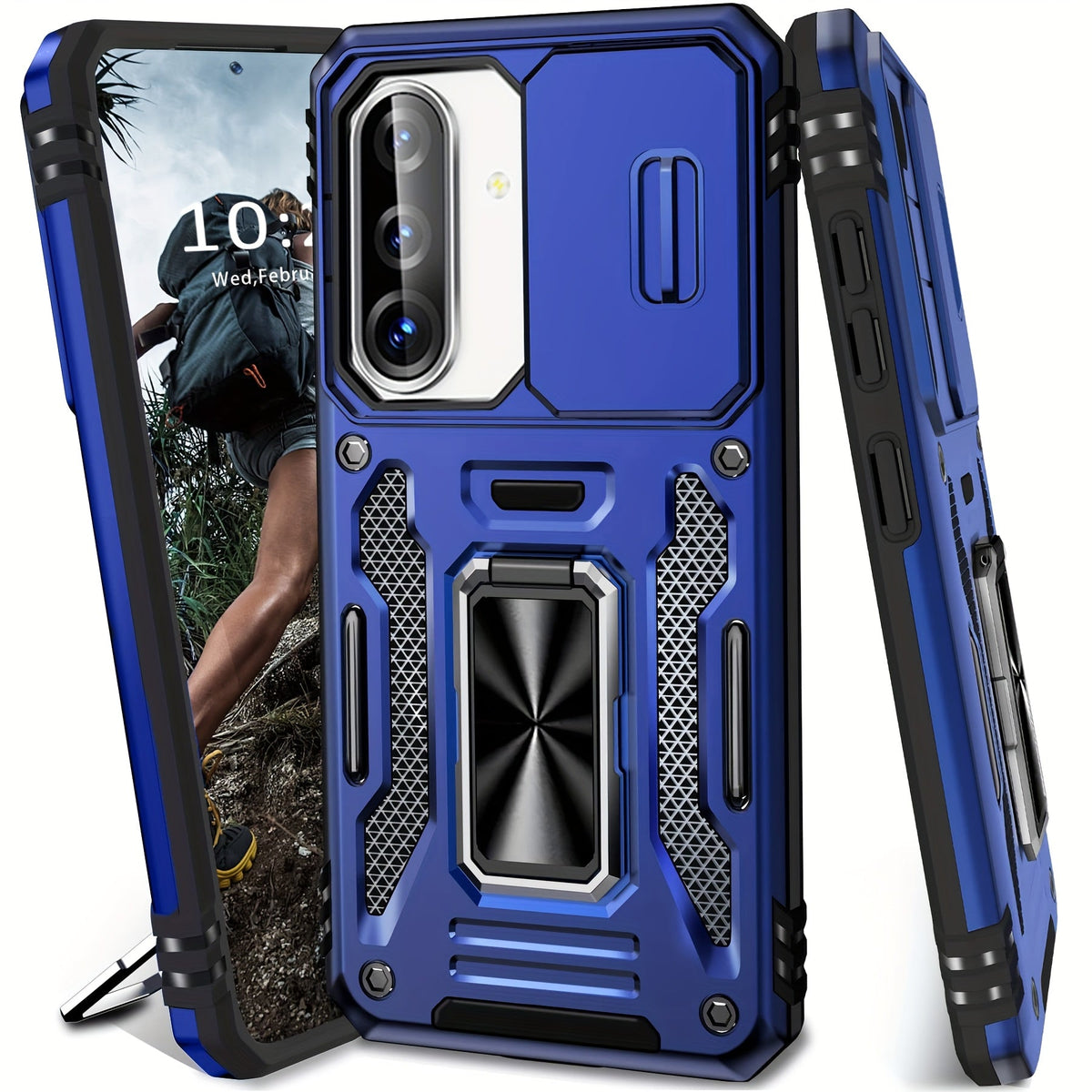 Samsung Galaxy Shockproof Magnetic Phone Case with 360° Rotating Ring Bracket & Sliding Lens Protector – Heavy Duty Cover for S24FE S23FE S22 S21FE Ultra A55 A54 A35 A34 A25 A24 A16 A15 A14 A06 A05 A05S 5G