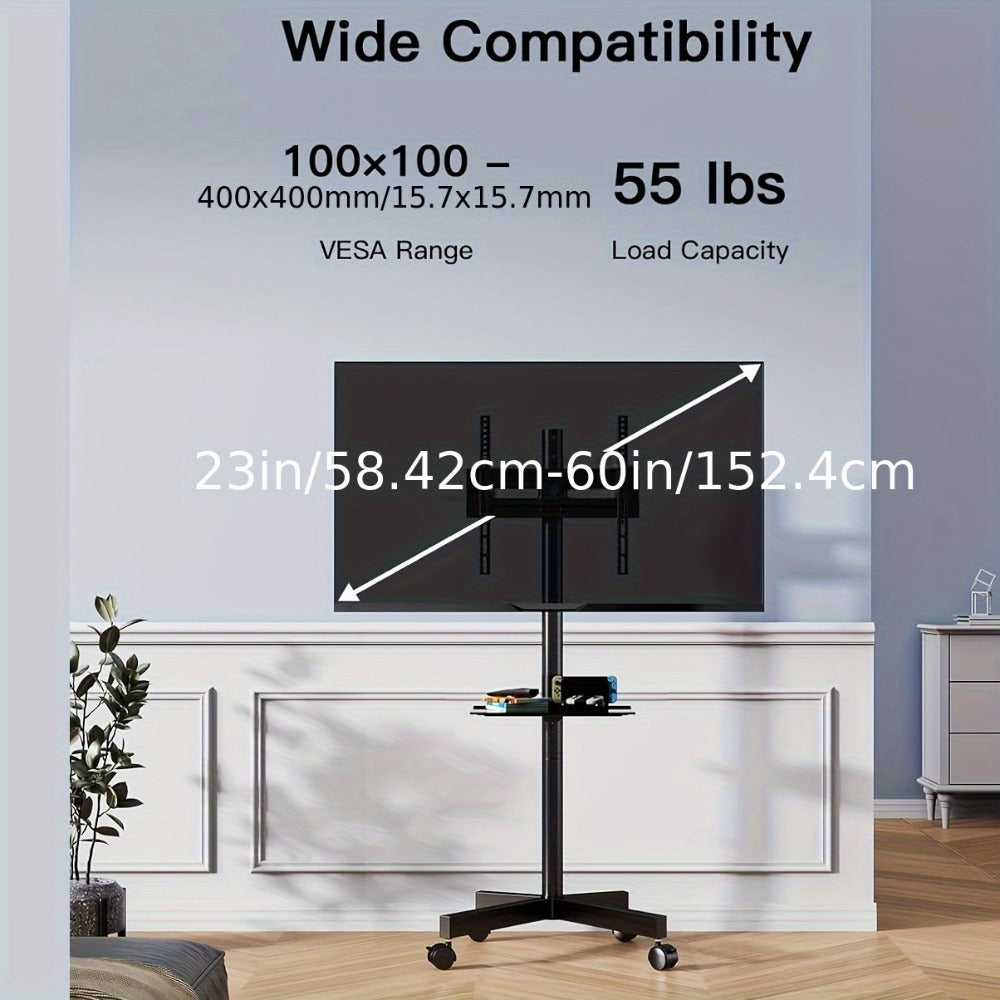 Rolling TV Cart Stand for 23-60 Inch TVs – Height Adjustable 12-24", Lockable Wheels, Media Shelf, Cable Management, 55 lbs Capacity, VESA 100-400mm, Home Office & Commercial Use, Black