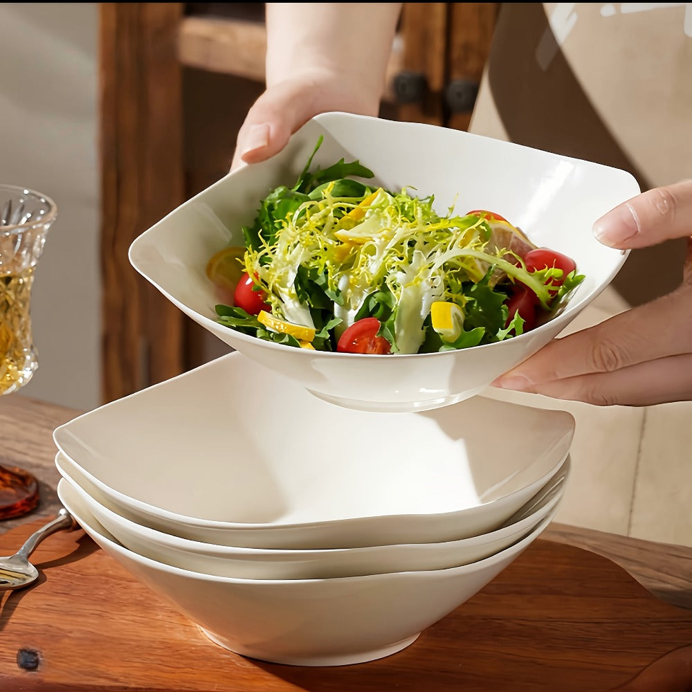 Salad Bowl and Plate Set 4/8/16 Piece – Reusable White PP Plastic Microwave Safe Stackable Lightweight Tableware for Picnic Outdoor Party Wedding Hotel Camping Dessert Cold Dish Serving