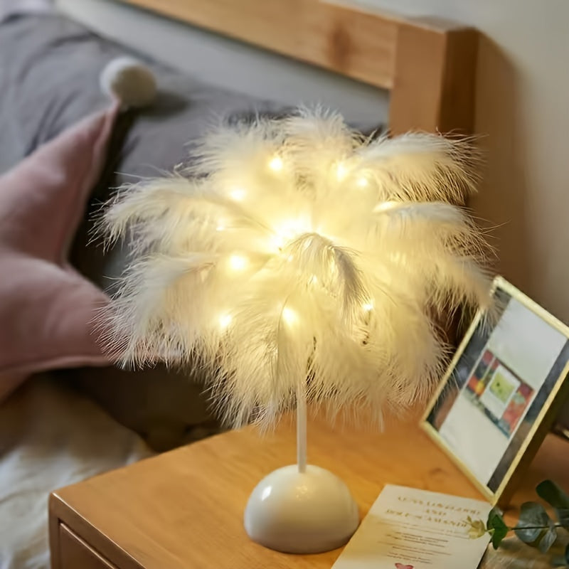 Feather LED Table Lamp – 40-Head Copper Wire Night Light, Romantic Atmosphere Lamp for Bedroom Living Room, Cute Desk Decor Light for Birthday Valentine's Day Gift (White / Pink, 1pc / 2pcs)