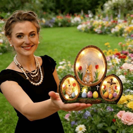 Resin Easter Egg Ornament - Handmade Painted Rabbit, Tulip & Cross Decor
