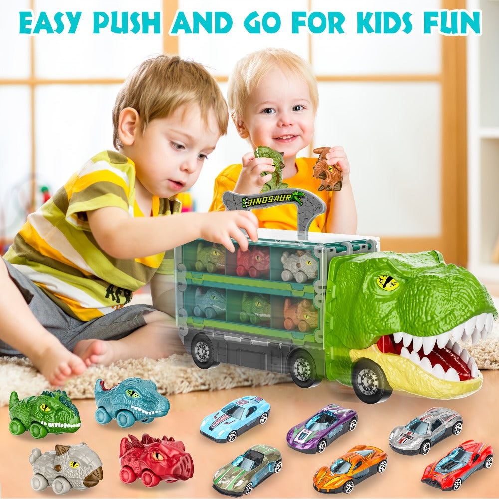 Dinosaur Truck Toy Carrier with 63-Inch Foldable Race Track, 13-in-1 Set with 12 Cars & 2-Player Racing